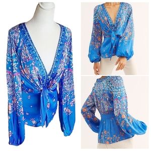 Free People | Run Free Satin V-Neck Blouse Azul Blue XS